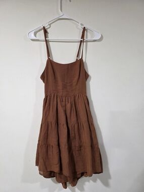 Elan Flowy Brown Tiered Spaghetti-Strap Dress, Medium